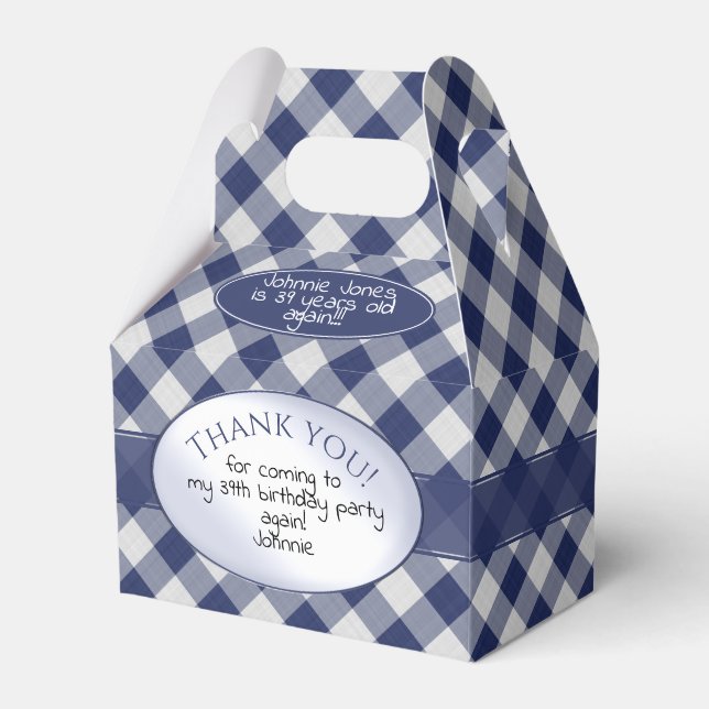 "Thank You Again" Navy Blue Gingham Checks Pattern Favor Boxes (Front Side)
