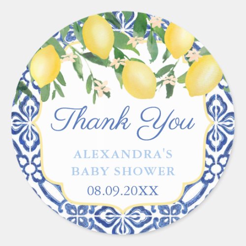 Thank You Amalfi Coast Lemons Baby Blue Shower Classic Round Sticker - Thank you stickers for any event (shown here for a Baby Shower but all of the text fields are customizable). The design features watercolor lemons against a background of a vintage blue and white azulejo tile design.