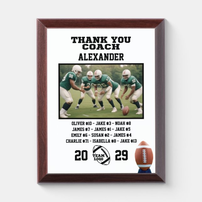 Thank You American Football Coach & Custom Photo Award Plaque (Vertical)