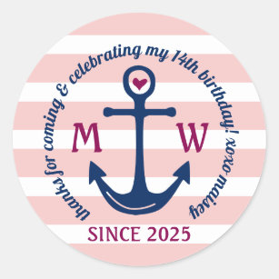 'Thanks For Coming To My FIRST Party' 60mm diameter stickers nautical style 