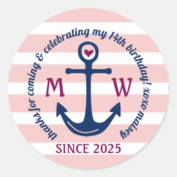 Thank You Anchor Heart Pink Stripes Nautical Logo Classic Round Sticker by BCVintageLove at Zazzle