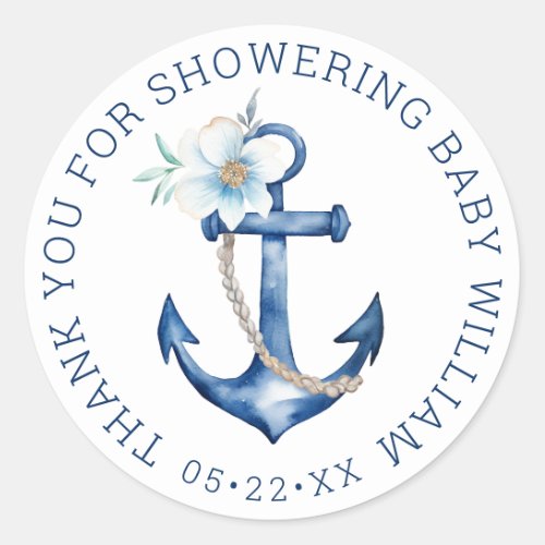 Thank You Anchor Nautical Blue Boy Baby Shower Classic Round Sticker