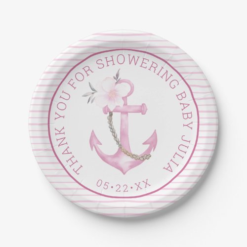 Thank You Anchor Nautical Pink Girl Baby Shower Paper Plates