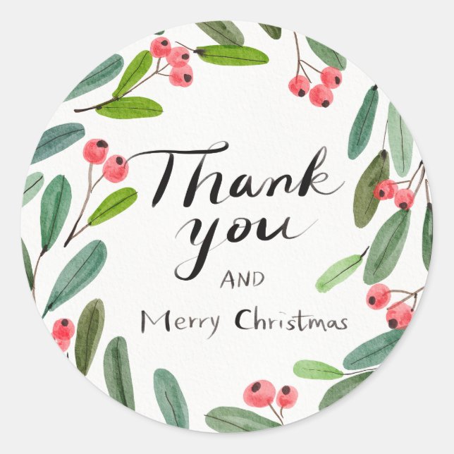 Thank you and Merry Christmas Classic Round Sticker (Front)