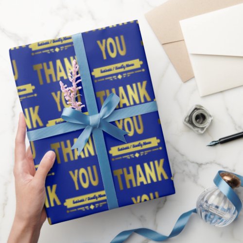 Thank You Appreciation Blue Gold Typography Wrapping Paper