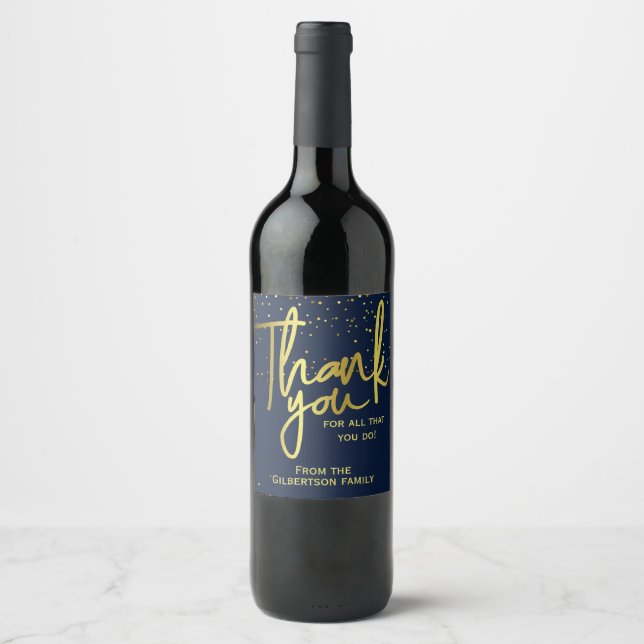 Thank You Appreciation Navy Gold Wine Label (Front)