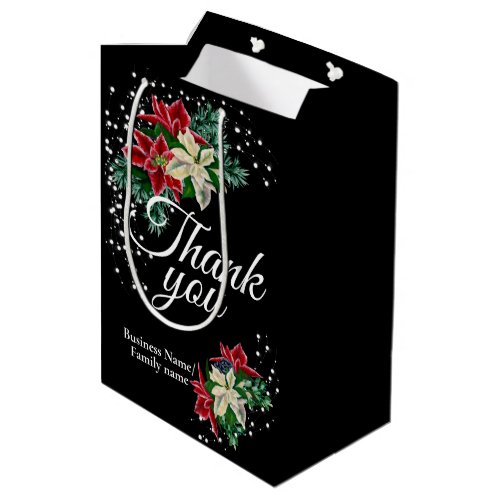 Thank You Appreciation Poinsettia Floral Black Medium Gift Bag