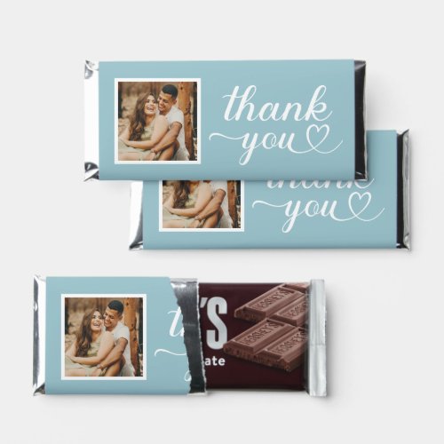 Thank You Aqua Blue Modern Heart Calligraphy Photo Hershey Bar Favors