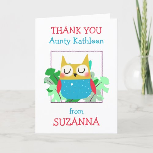 Thank you Aunty Name Cute Owl Leaves Card