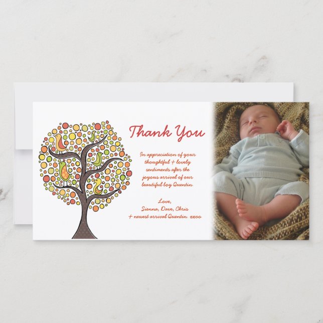 Thank You Autumn Bird Tree New Baby Gift Photocard (Front)