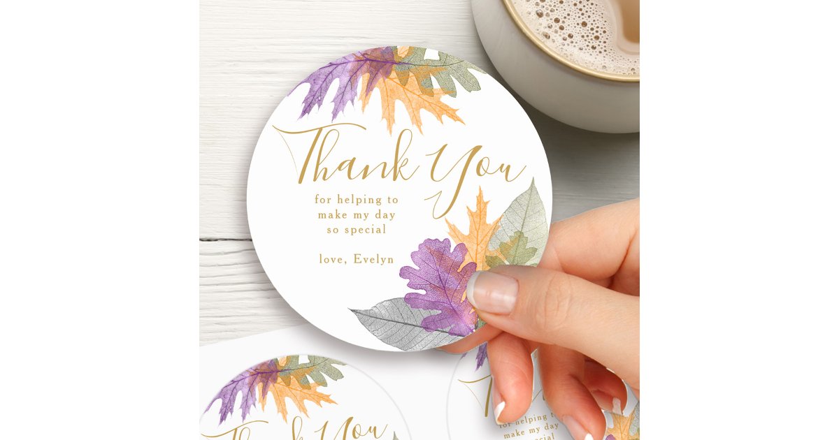 Thank You Autumn Leaves Elegant Gold Script Classic Round Sticker | Zazzle
