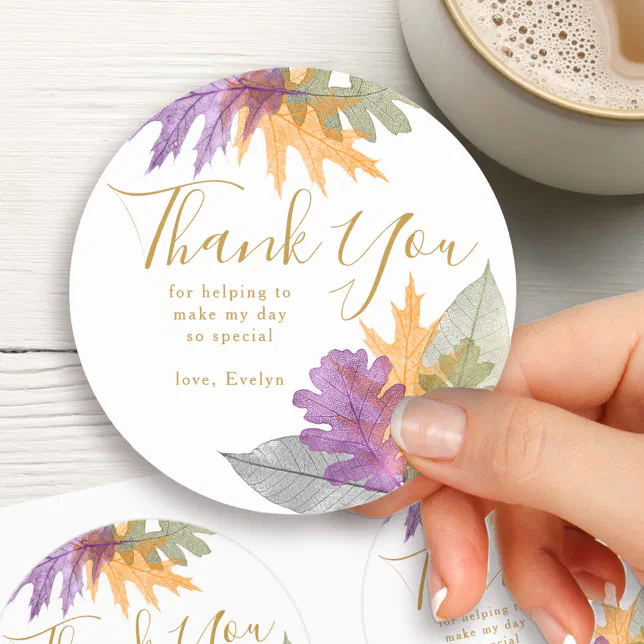 Thank You Autumn Leaves Elegant Gold Script Classic Round Sticker | Zazzle