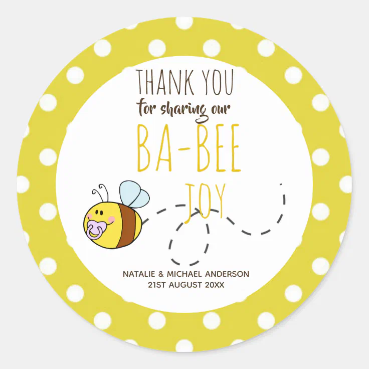 Thank You BA-BEE Baby Shower Yellow Polkadot Classic Round Sticker | Zazzle