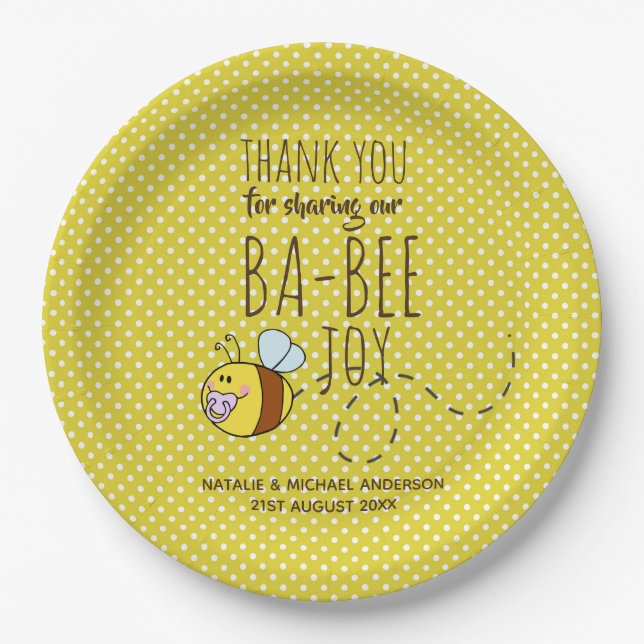 Thank You BA-BEE Baby Shower Yellow Polkadot Paper Plates (Front)