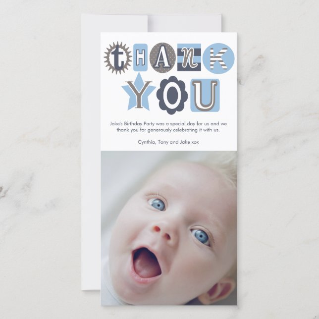 Thank You Baby Blue Boys Typography Photo Cards (Front)