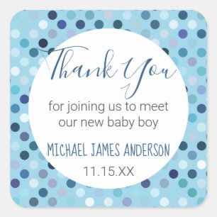 Thank You Baby Boy Shower Blue Polka Dots Square Sticker