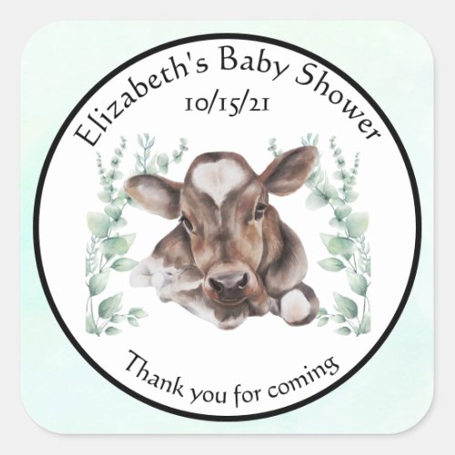 Thank you Baby shower Baby Cow Calf Eucalyptus  Square Sticker