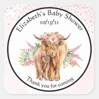 Thank you Baby shower Baby Highland Cow Calf  Square Sticker