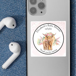 Thank you Baby shower Baby Highland Cow Calf  Square Sticker