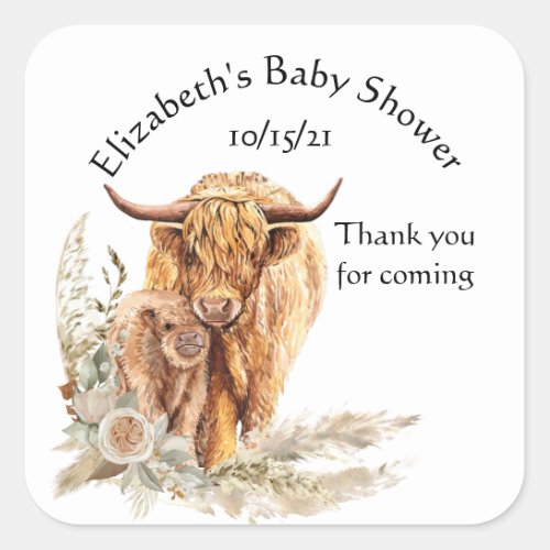 Thank you Baby shower Baby Highland Cow Calf    Square Sticker