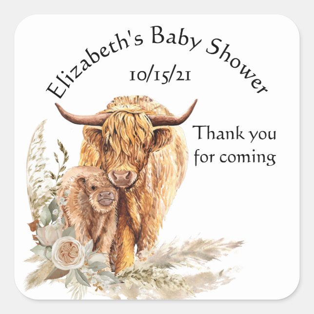 Thank you Baby shower Baby Highland Cow Calf    Square Sticker (Front)