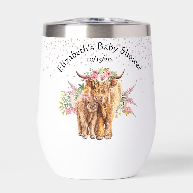 Thank you Baby shower Baby Highland Cow Calf   Thermal Wine Tumbler (Front)