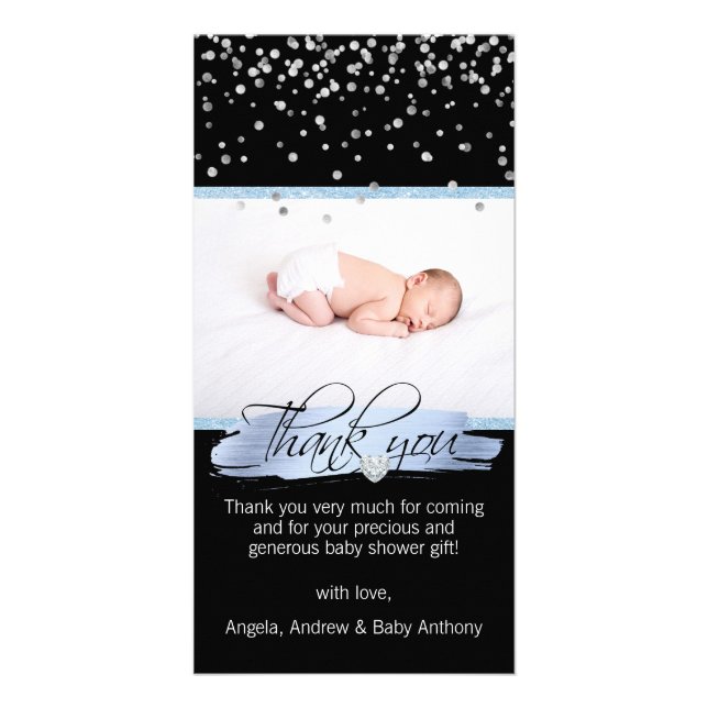 Thank You Baby Shower Blue Gold Foil Black Boy Card (Front)