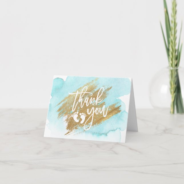 THANK YOU Baby Shower Blue Gold Watercolor (Front)