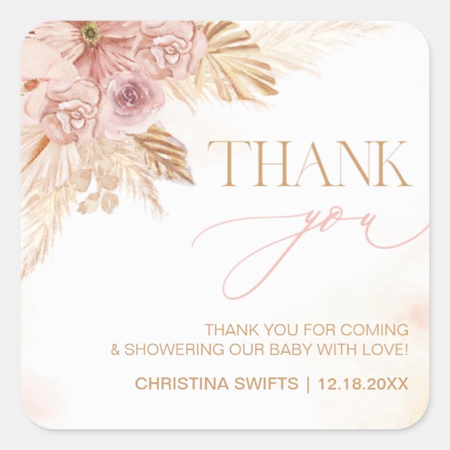 Thank You Baby Shower Boho Pampas Grass Theme Square Sticker (Front)