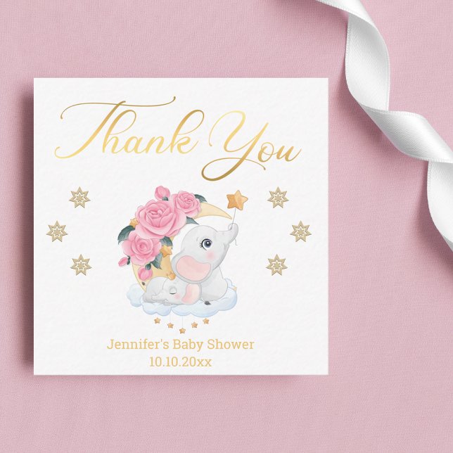 thank you,baby shower cute elephant gold  note card (Creator Uploaded)