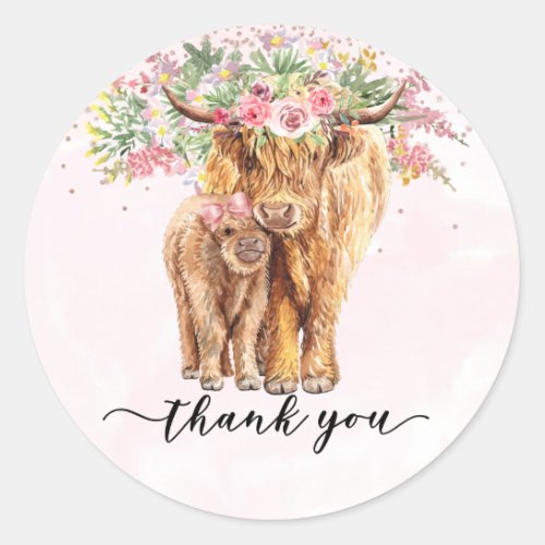 Thank you Baby Shower Highland Cow Pink  Classic Round Sticker