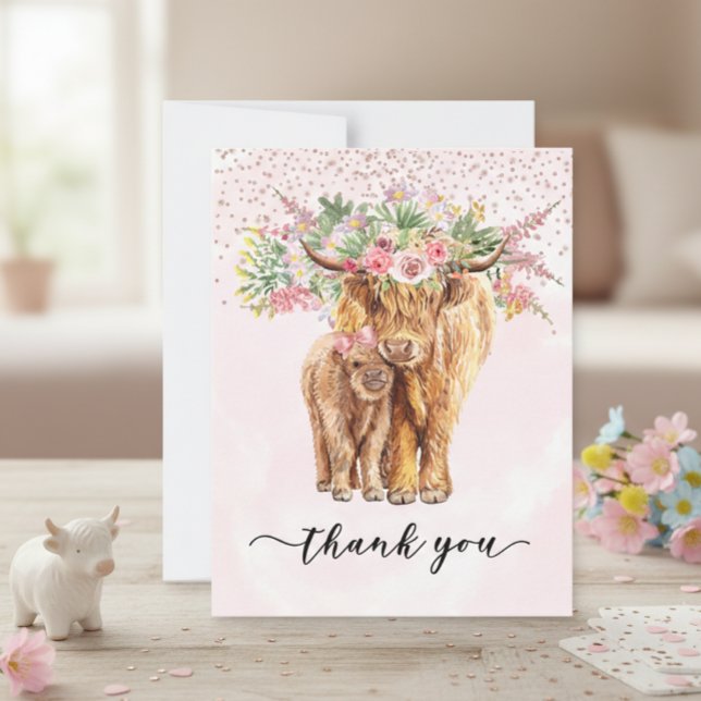 Thank you Baby Shower Highland Cow Pink  Note Card (Creator Uploaded)