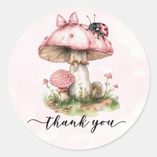 Thank you Baby Shower Ladybug Mushroom Classic Round Sticker (Front)