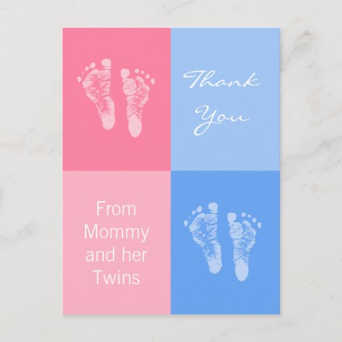 Thank You Baby Shower Twins Boy Girl Footprints Announcement Postcard