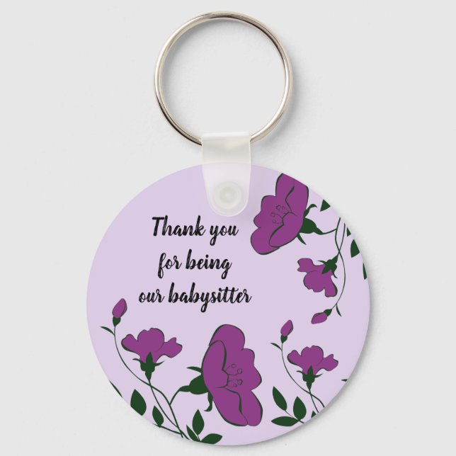 Thank You Babysitter Pretty Purple Flower Floral Keychain (Front)