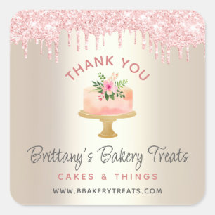 Thank You Bakery Cake Blush Pink Glitter Drip Gold Square Sticker