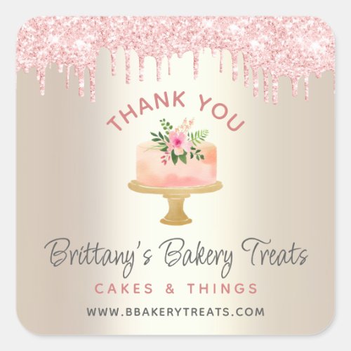 Thank You Bakery Cake Blush Pink Glitter Drip Gold Square Sticker