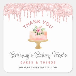 Thank You Bakery Cake Blush Pink Glitter Drips Square Sticker