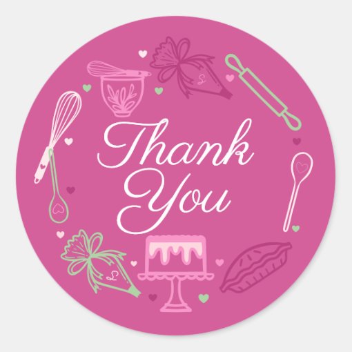 Thank You Baking & Cooking Utensil Pink & Green Classic Round Sticker 