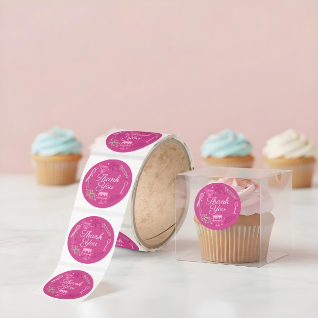 Thank You Baking & Cooking Utensil Pink & Green Classic Round Sticker (Thank You Baking & Cooking Utensil Pink & Green Classic Round Sticker)
