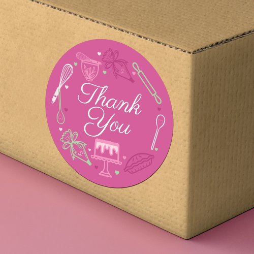Thank You Baking  Cooking Utensil Pink  Green Classic Round Sticker