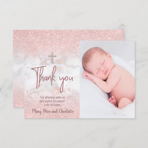 thank you baptism faux pink glitter on marble invitation