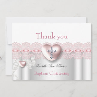 Thank you Baptism Pink Silver Photo Heart Cross Card
