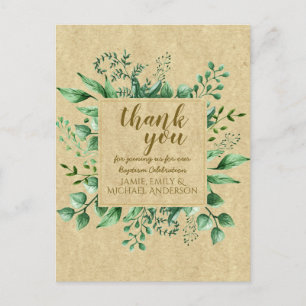 Thank You Baptism Rustic Botanical Leaves Postcard