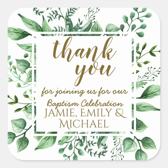 Thank You BAPTISM Stickers , Botanical Leaves BIG (Front)
