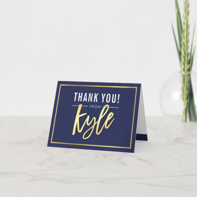THANK YOU bar mitzvah modern gold name KYLE navy Card (Front)