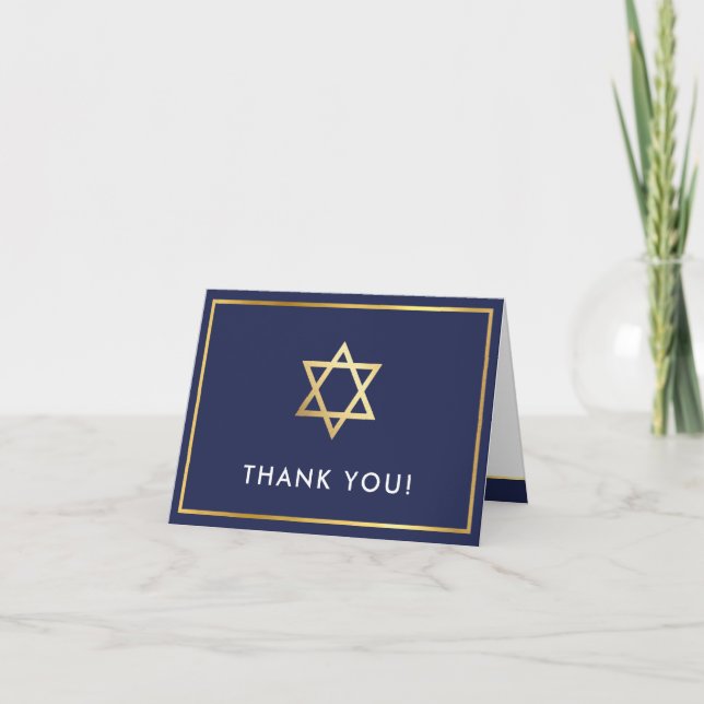 THANK YOU bar mitzvah modern gold star navy blue Card (Front)