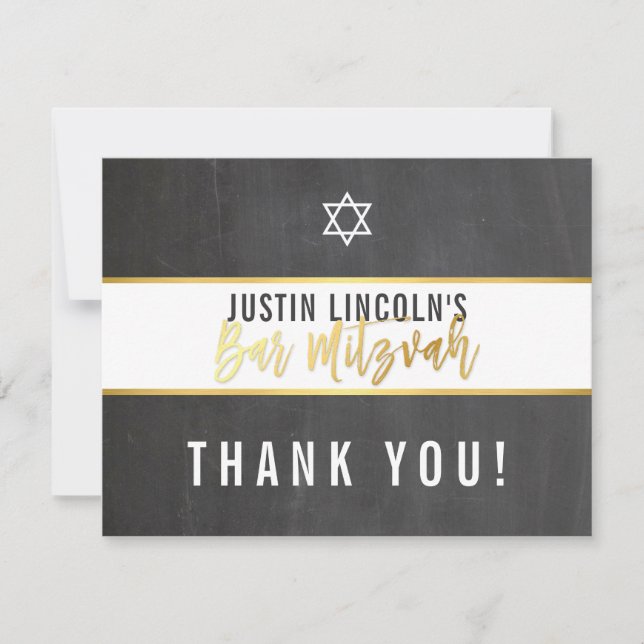 THANK YOU BAR MITZVAH modern gray chalkboard gold Card (Front)