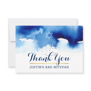 THANK YOU BAR MITZVAH modern star blue watercolor Card