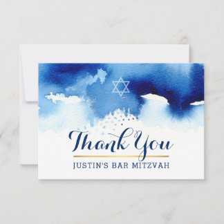 THANK YOU BAR MITZVAH modern star blue watercolor Card